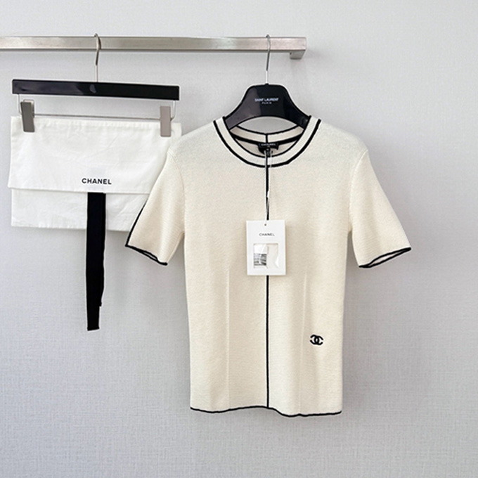 chanel black white contrast piping round neck knit short sleeve top